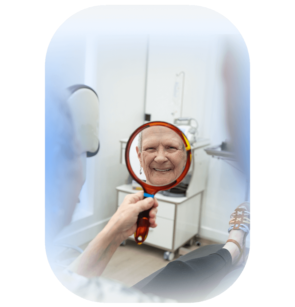 Patient looking into mirror